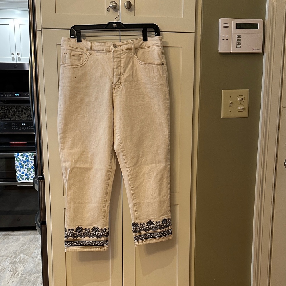 Women's Cream Jeans with Blue Embroidery
